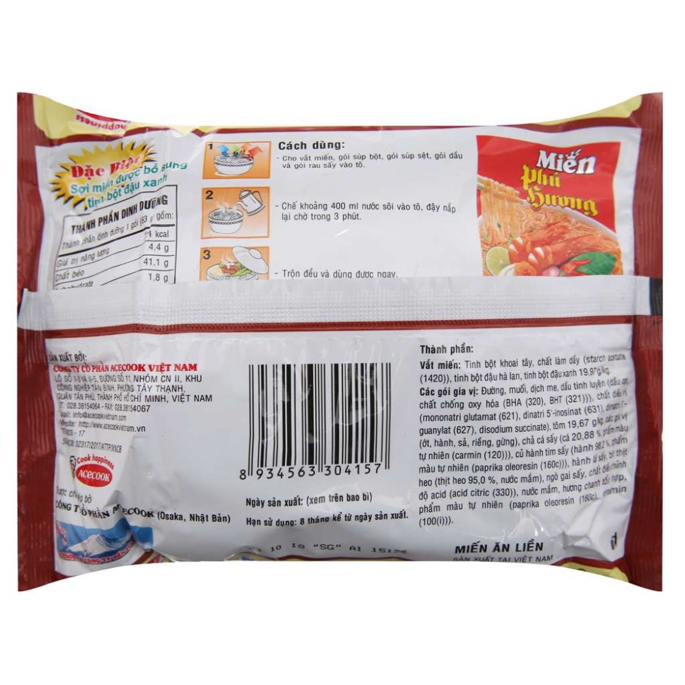 Phu Huong instant vermicelli bag 63g Thai spicy shrimp