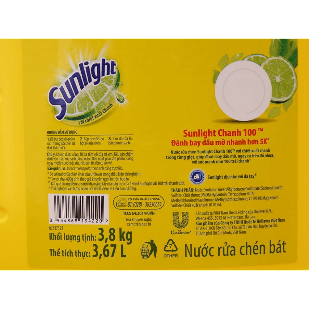 Sunlight Extra Lemon Dishwashing Liquid bottle 3.8kg