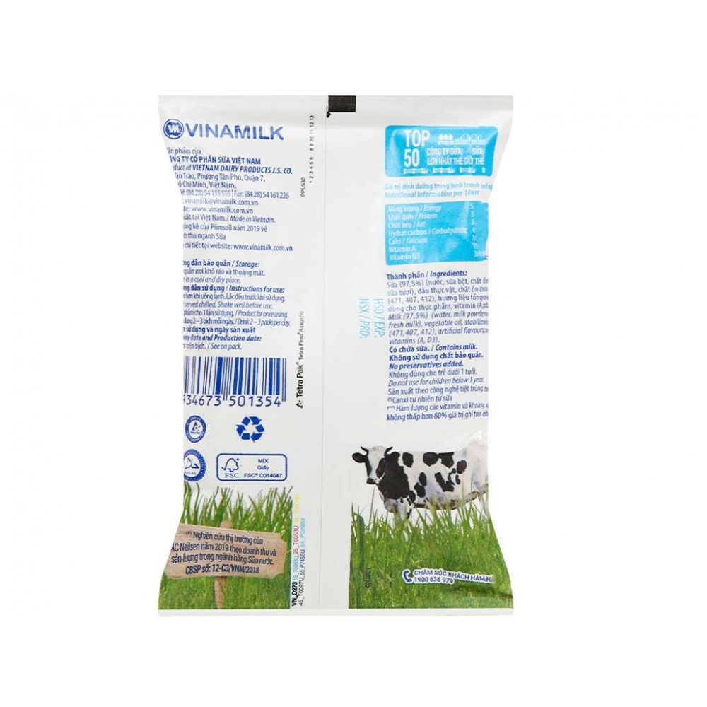 Vinamilk UHT Plain Nutritious Fresh Milk Bag 220ml x 48