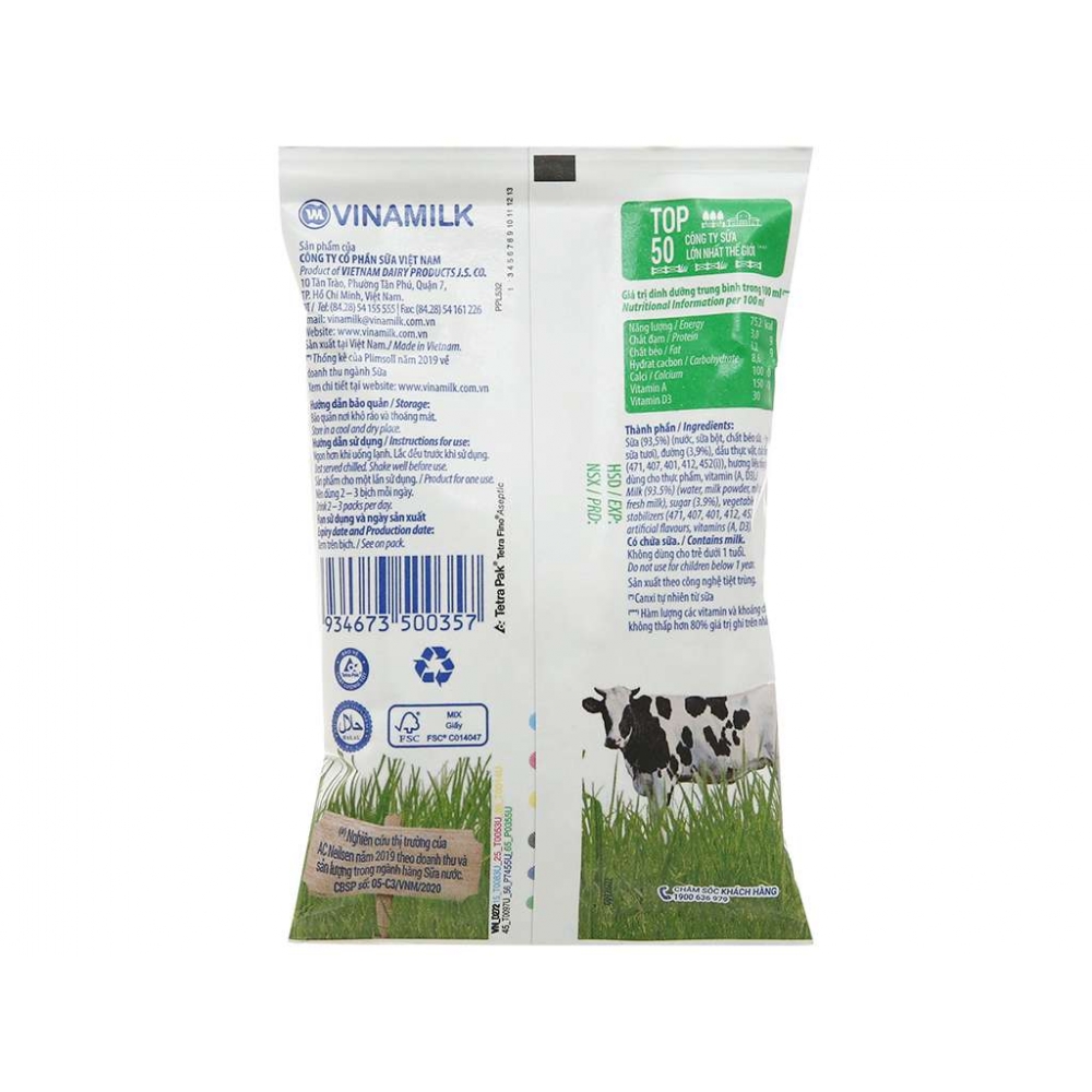 Vinamilk UHT Sweetened Nutritious Fresh Milk Bag 220ml x 48