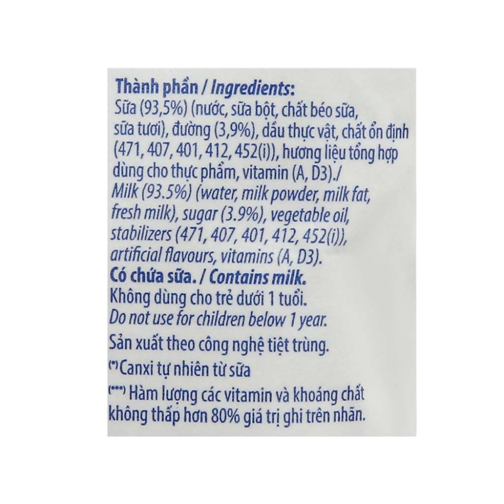 Vinamilk UHT Sweetened Nutritious Fresh Milk Bag 220ml x 48